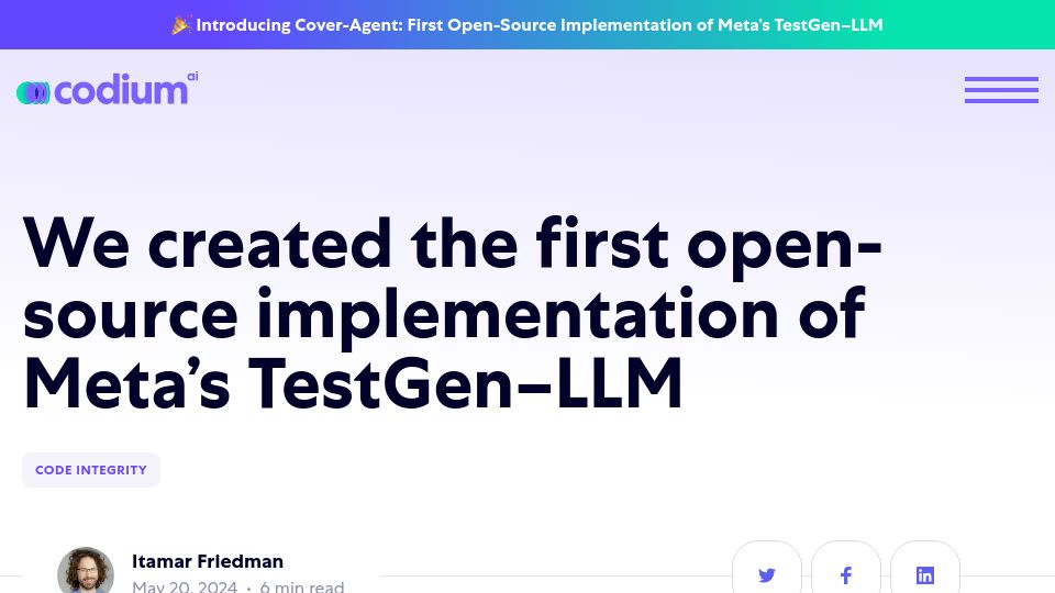 Screenshot of codium.ai: We created the first open source implementation of Meta's TestGen–LLM