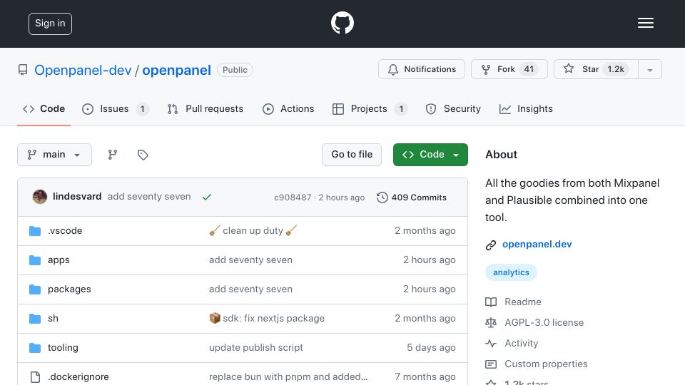Screenshot of github.com: Show HN: Openpanel – An open-source alternative to Mixpanel