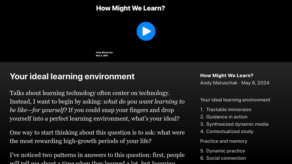 Screenshot of andymatuschak.org: How Might We Learn?