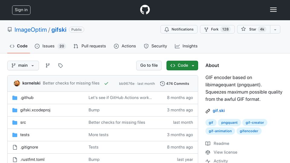 Screenshot of github.com: Gifski: Optimized GIF Encoder