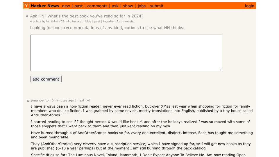 Screenshot of Hacker News post: Ask HN: What's the best book you've read so far in 2024?