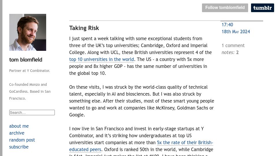 Screenshot of tomblomfield.com: Taking Risk