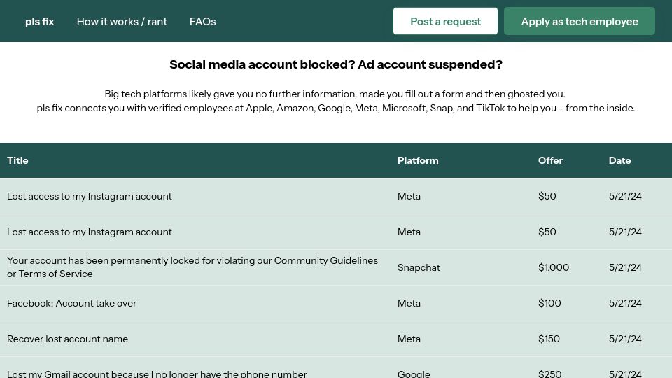 Screenshot of plsfix.co: Show HN: Pls Fix – Hire big tech employees to appeal account suspensions
