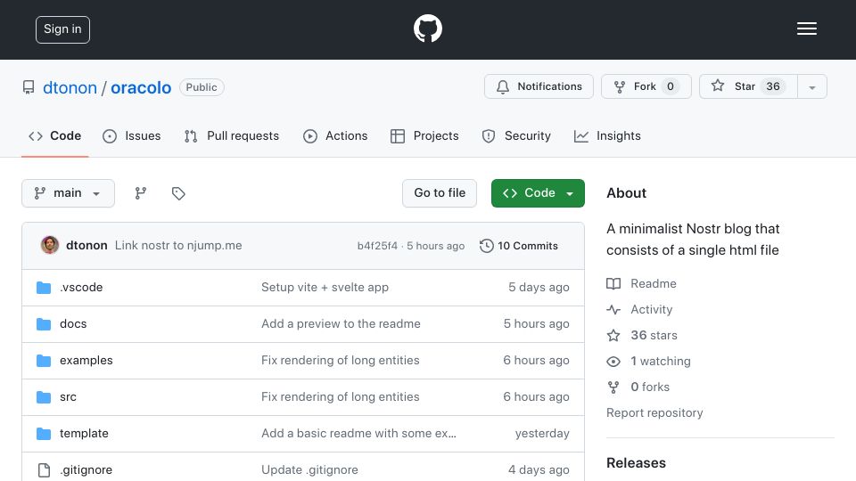Screenshot of github.com: Show HN: Oracolo – A minimalist Nostr blog in a single HTML file