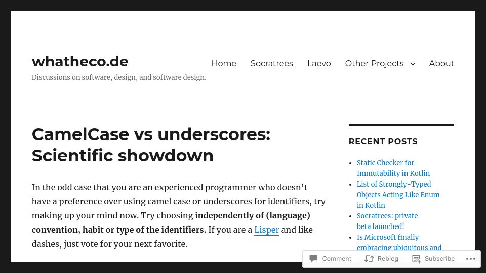 Screenshot of whatheco.de: CamelCase vs. Snake_case Scientific Studies