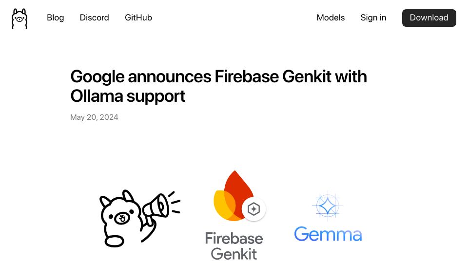 Screenshot of ollama.com: Google announces Firebase Genkit with Ollama support