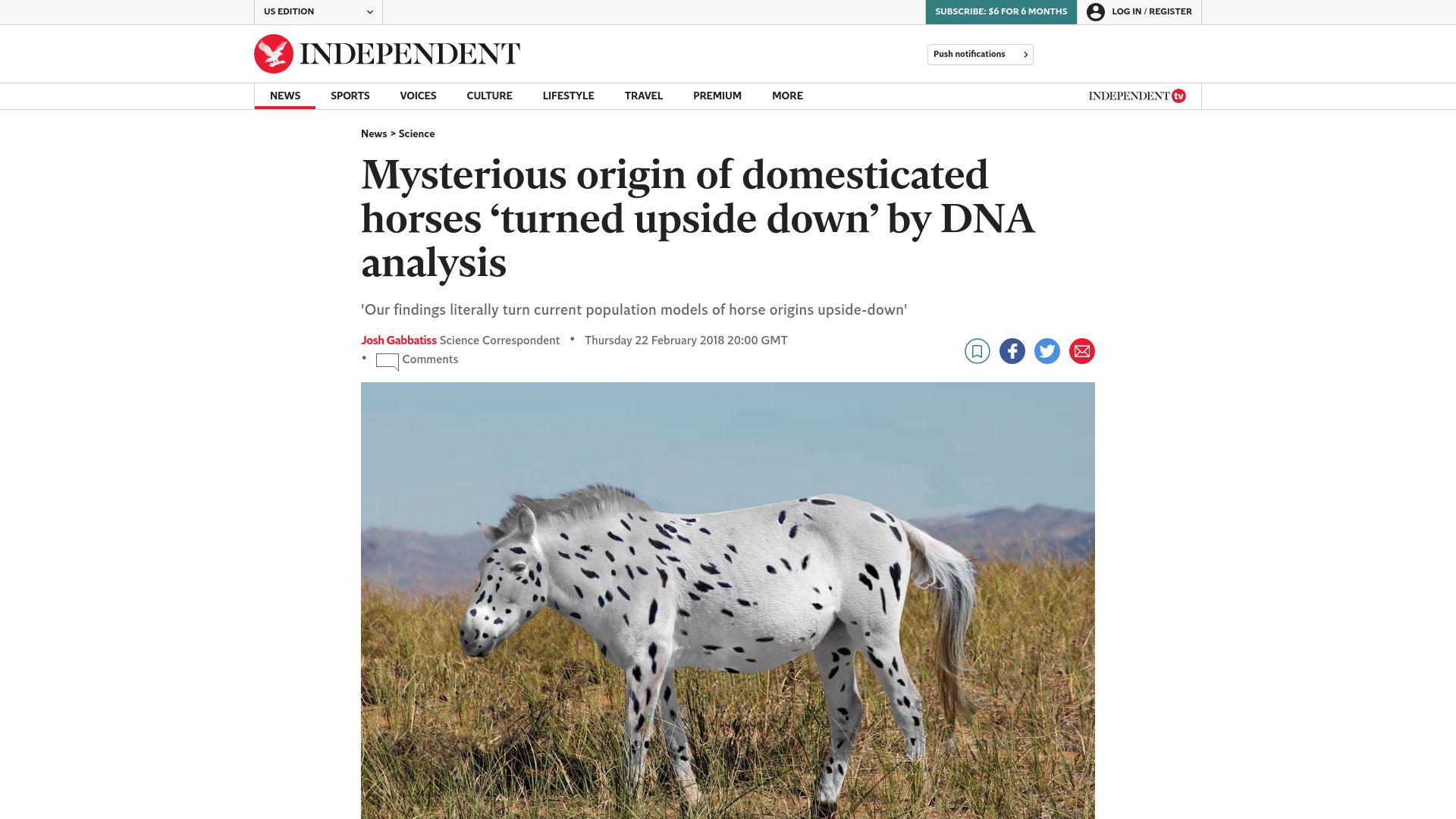 Screenshot of independent.co.uk: Mysterious origin of domesticated horses 'turned upside down' by DNA analysis (2018)