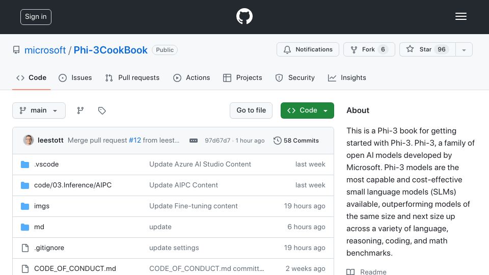Screenshot of github.com: Microsoft Phi-3 Cookbook