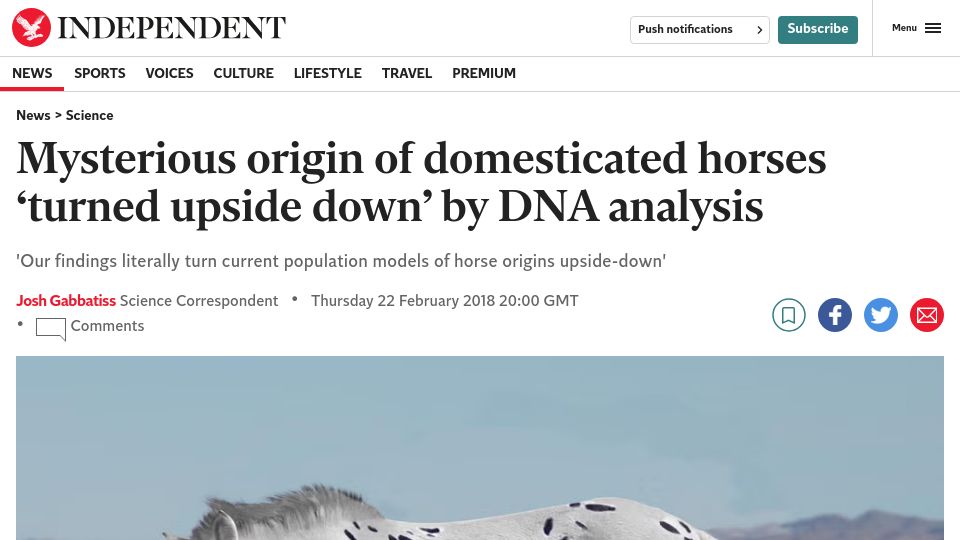 Screenshot of independent.co.uk: Mysterious origin of domesticated horses 'turned upside down' by DNA analysis (2018)