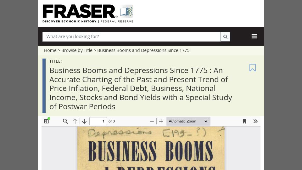 Screenshot of fraser.stlouisfed.org: Business Booms and Depressions Since 1775 (1943)