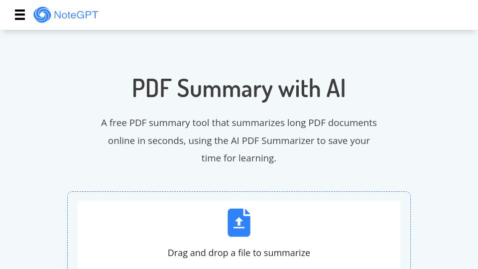 Screenshot of notegpt.io: AI PDF Summarizer – Summarize Long PDFs for Free