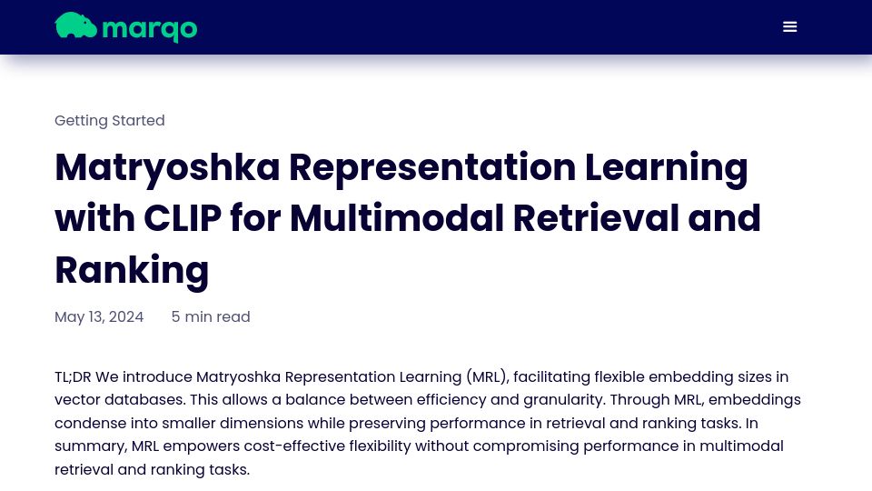 Screenshot of marqo.ai: Matryoshka Representation Learning with CLIP