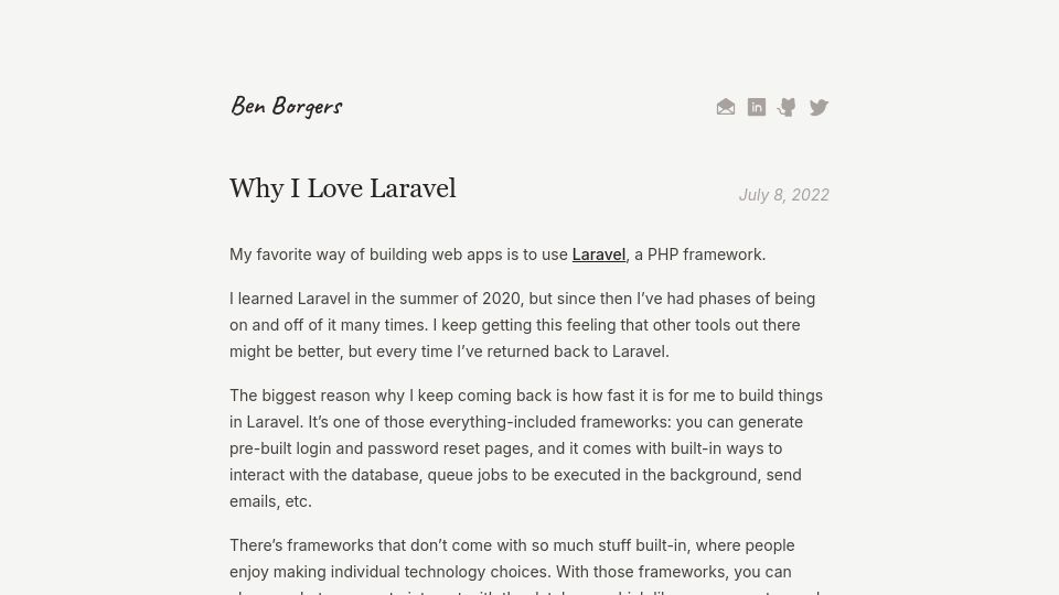 Screenshot of ben.page: Why I love Laravel (2022)
