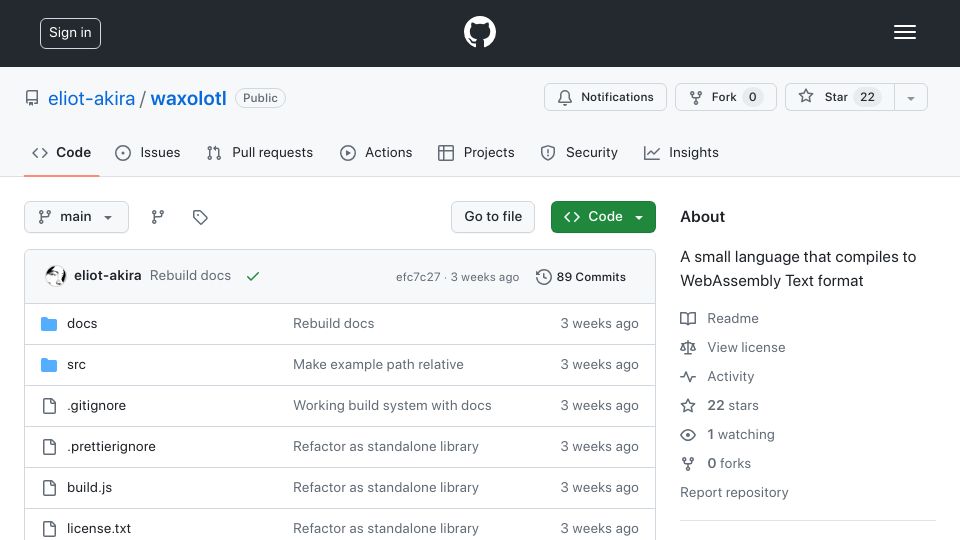 Screenshot of github.com: Waxolotl – A small language that compiles to WebAssembly text format