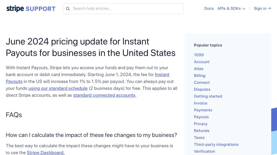Screenshot of support.stripe.com: Stripe increasing "instant payout" fees by 50%