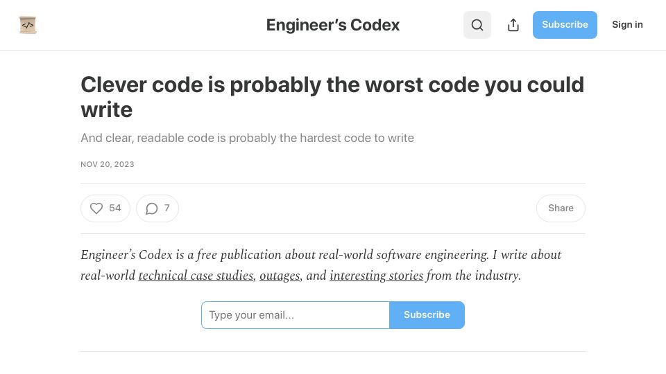 Screenshot of read.engineerscodex.com: Clever code is probably the worst code you could write