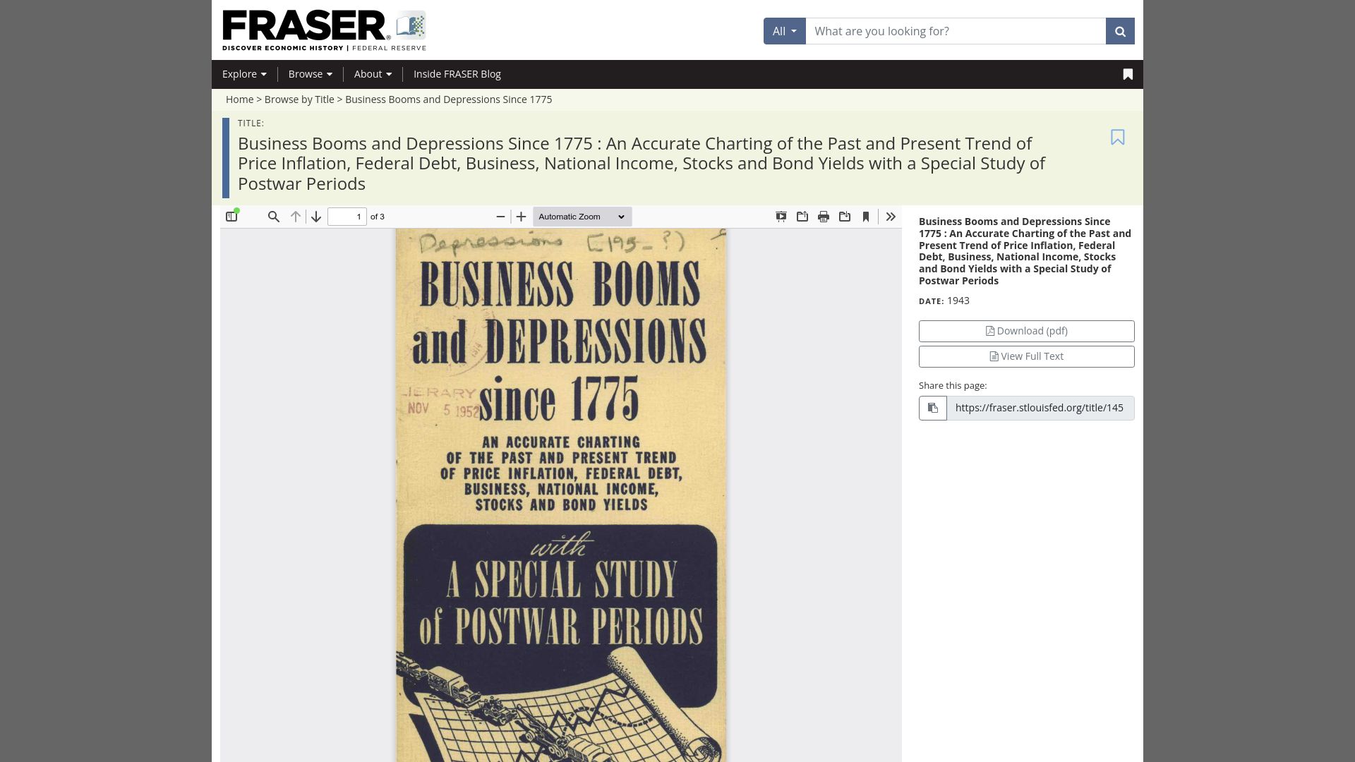 Screenshot of fraser.stlouisfed.org: Business Booms and Depressions Since 1775 (1943)
