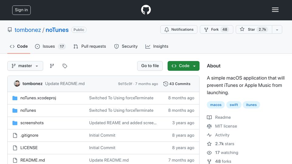 Screenshot of github.com: NoTunes is a macOS application that will prevent Apple Music from launching