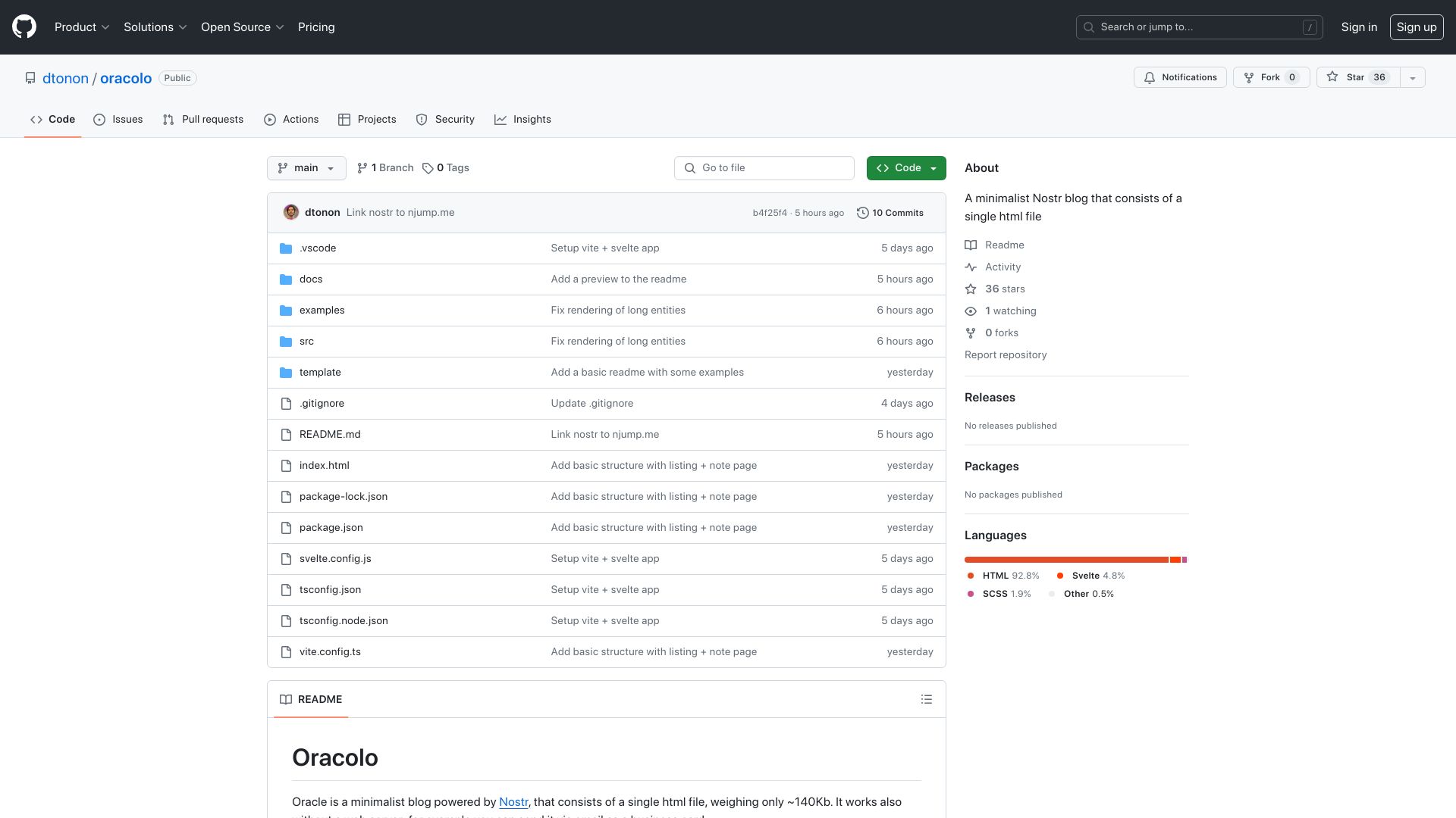 Screenshot of github.com: Show HN: Oracolo – A minimalist Nostr blog in a single HTML file