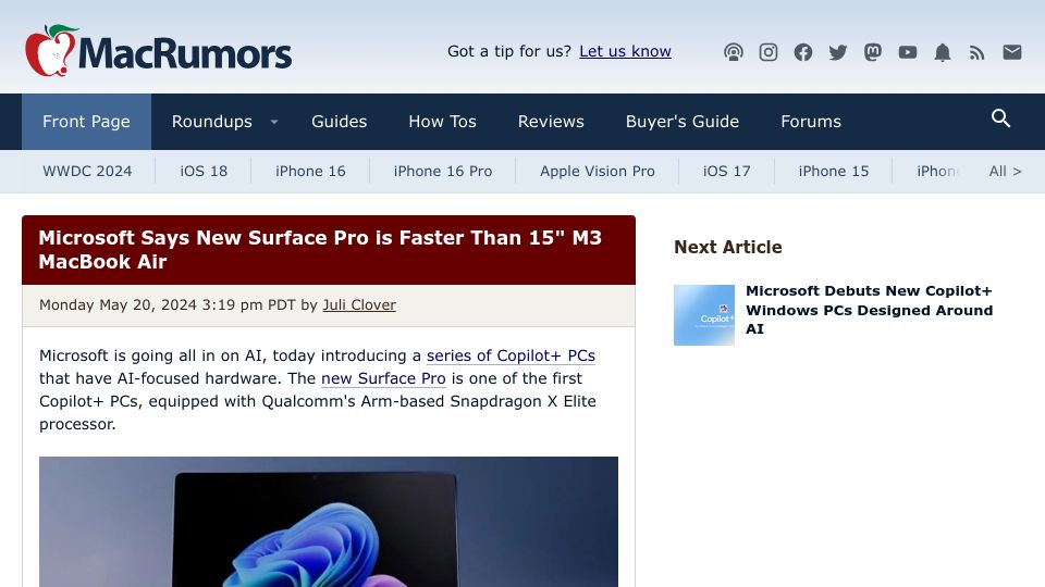 Screenshot of macrumors.com: Microsoft Says New Surface Pro Is Faster Than 15" M3 MacBook Air