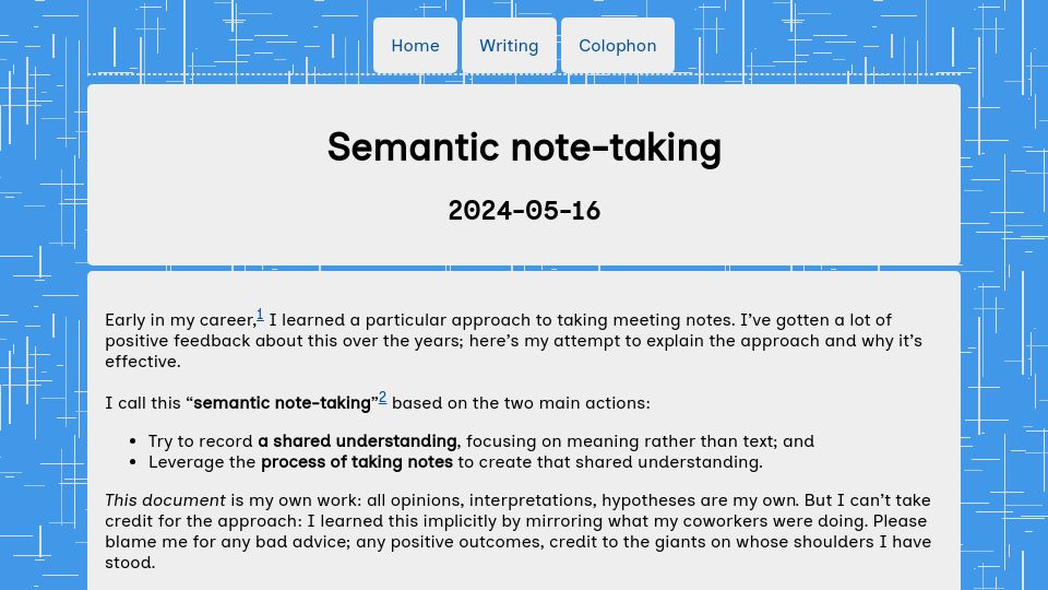 Screenshot of cceckman.com: Semantic note-taking