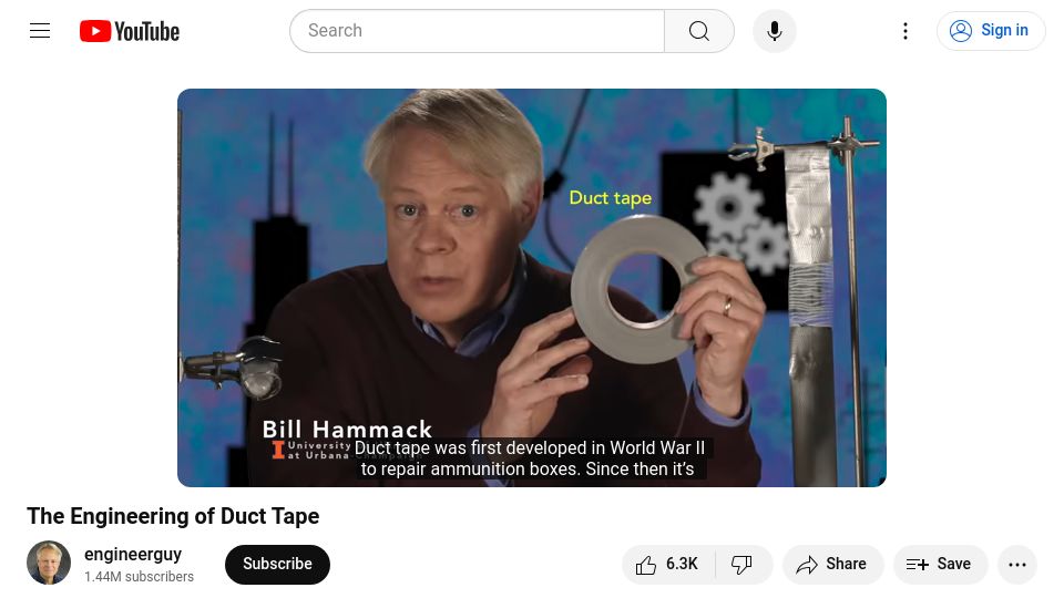 Screenshot of youtube.com: The Engineering of Duct Tape [video]
