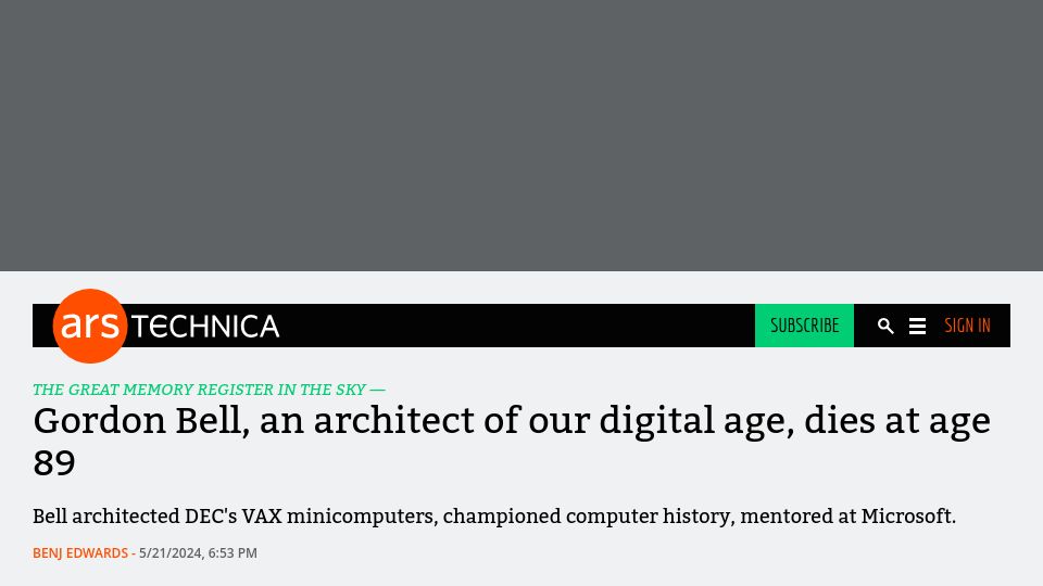 Screenshot of arstechnica.com: Gordon Bell has died