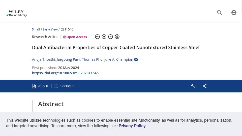 Screenshot of onlinelibrary.wiley.com: Dual antibacterial properties of copper-coated nanotextured stainless steel