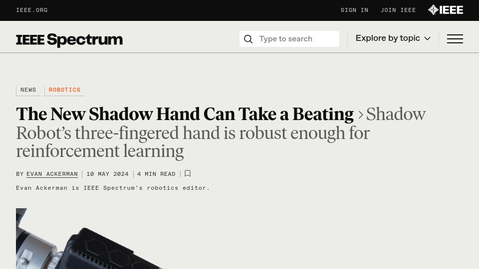Screenshot of spectrum.ieee.org: Shadow Robot’s three-fingered hand is robust enough for reinforcement learning
