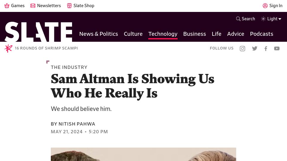Screenshot of slate.com: Sam Altman Is Showing Us Who He Really Is