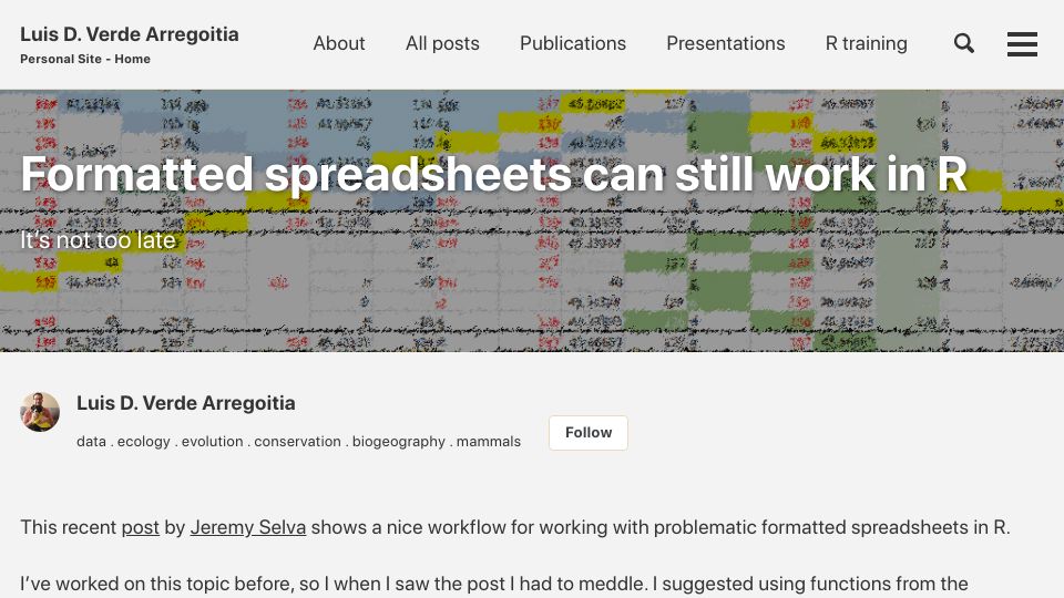 Screenshot of luisdva.github.io: Formatted spreadsheets can still work in R