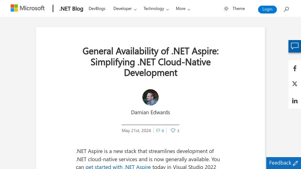 Screenshot of devblogs.microsoft.com: General Availability of .NET Aspire: Simplifying .NET Cloud-Native Development