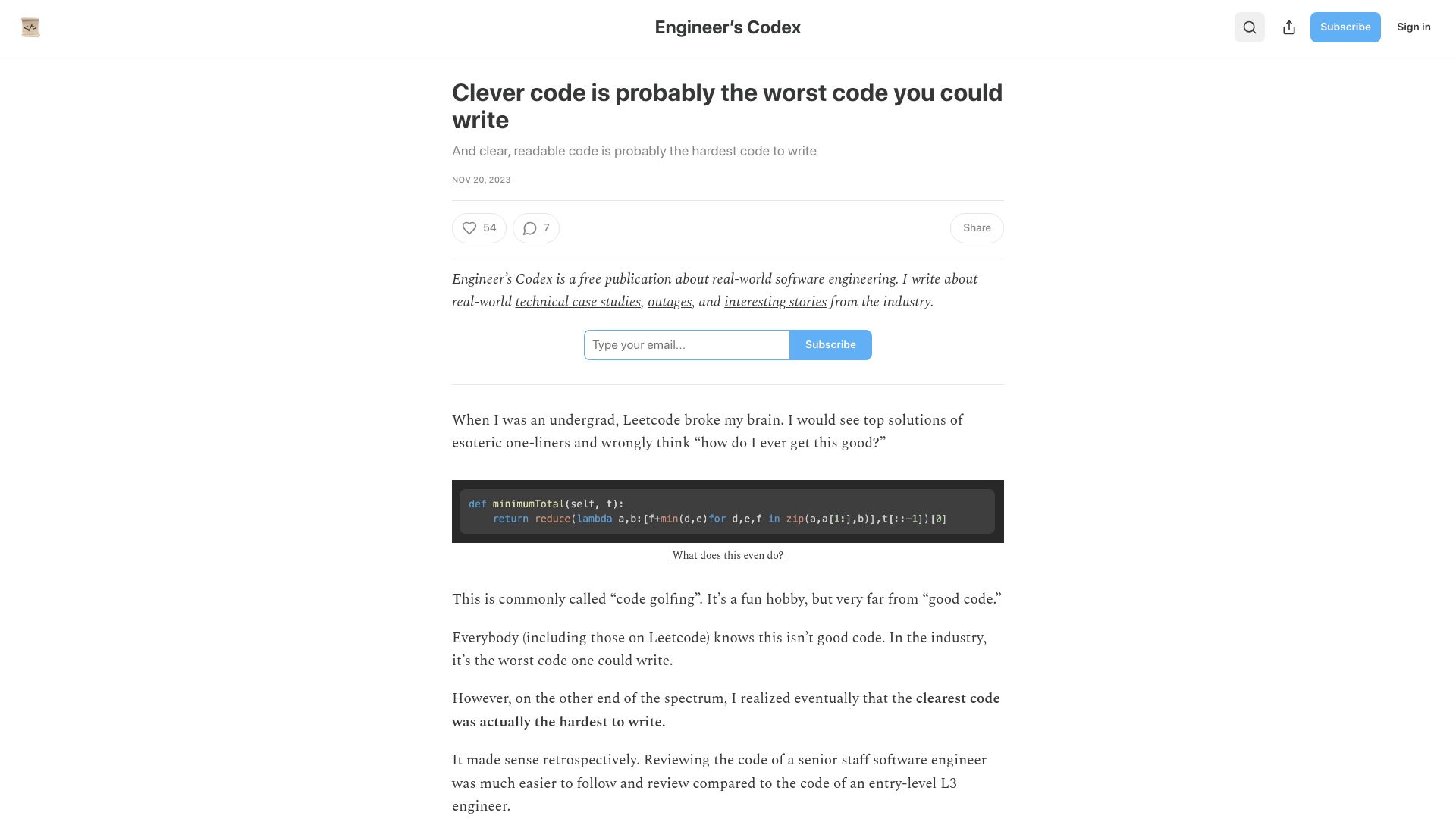 Screenshot of read.engineerscodex.com: Clever code is probably the worst code you could write