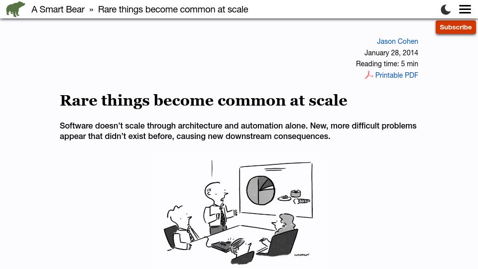 Screenshot of longform.asmartbear.com: Rare things become common at scale