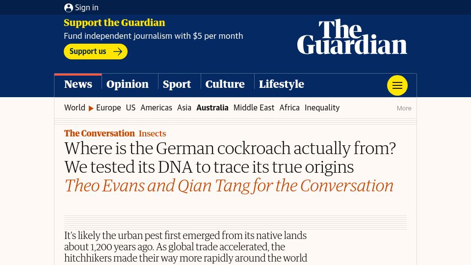 Screenshot of theguardian.com: Where is the German cockroach (Blattella germanica) actually from?
