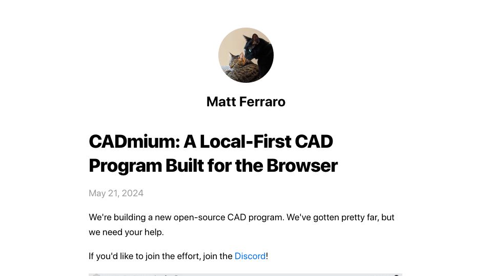 Screenshot of mattferraro.dev: CADmium: A local-first CAD program built for the browser