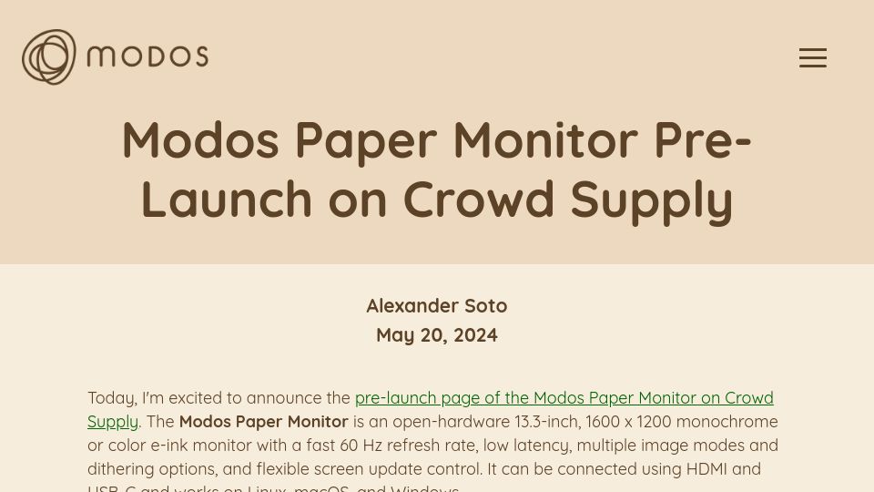 Screenshot of modos.tech: Modos Paper Monitor Pre-Launch on Crowd Supply