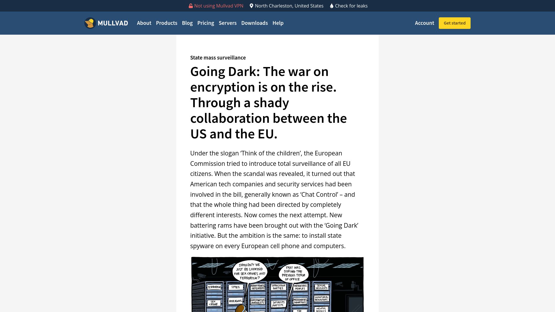 Screenshot of mullvad.net: Going Dark: The war on encryption is on the rise