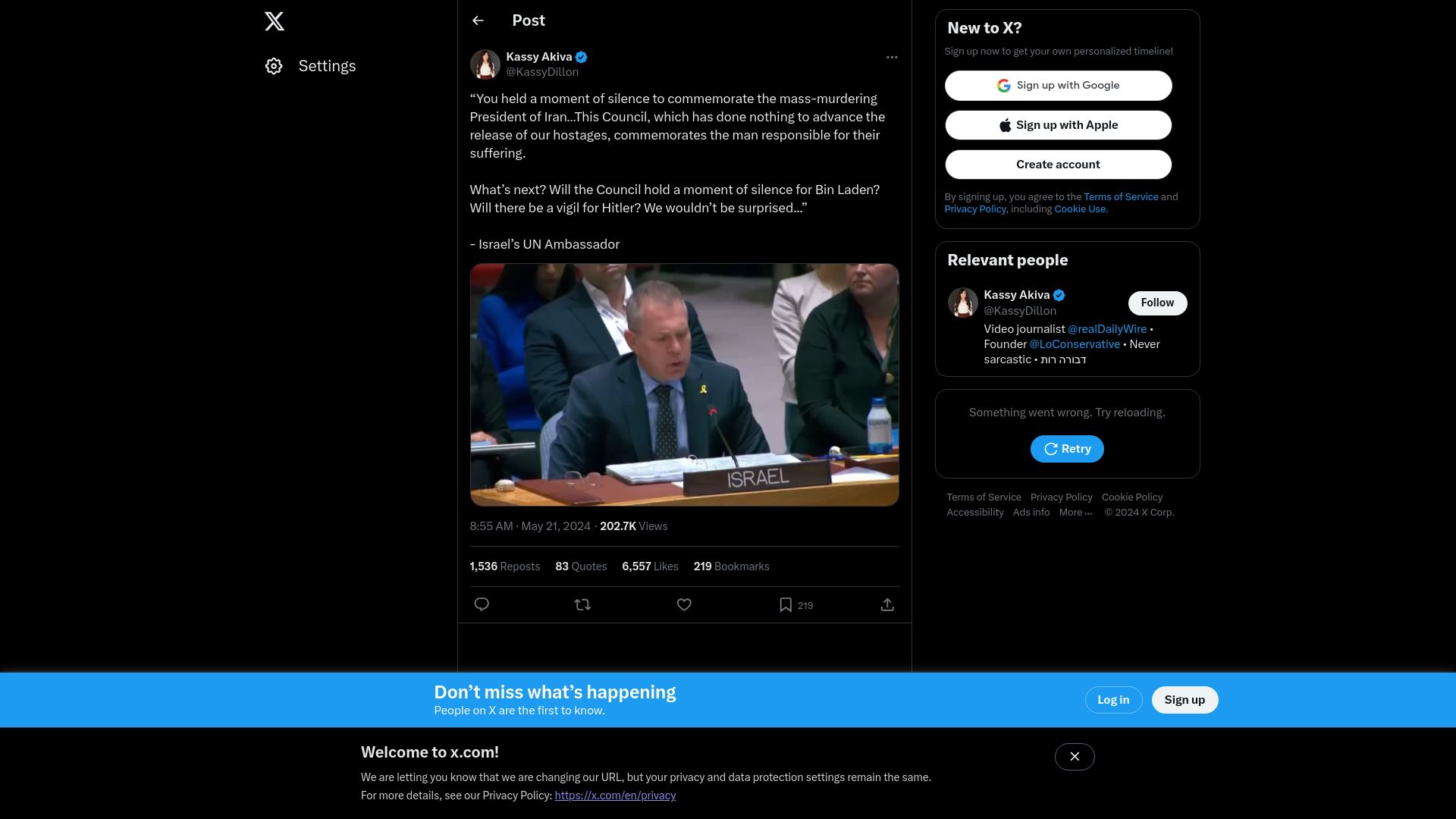 Screenshot of twitter.com: You held a moment of silence to commemorate the mass-murdering President of Iran