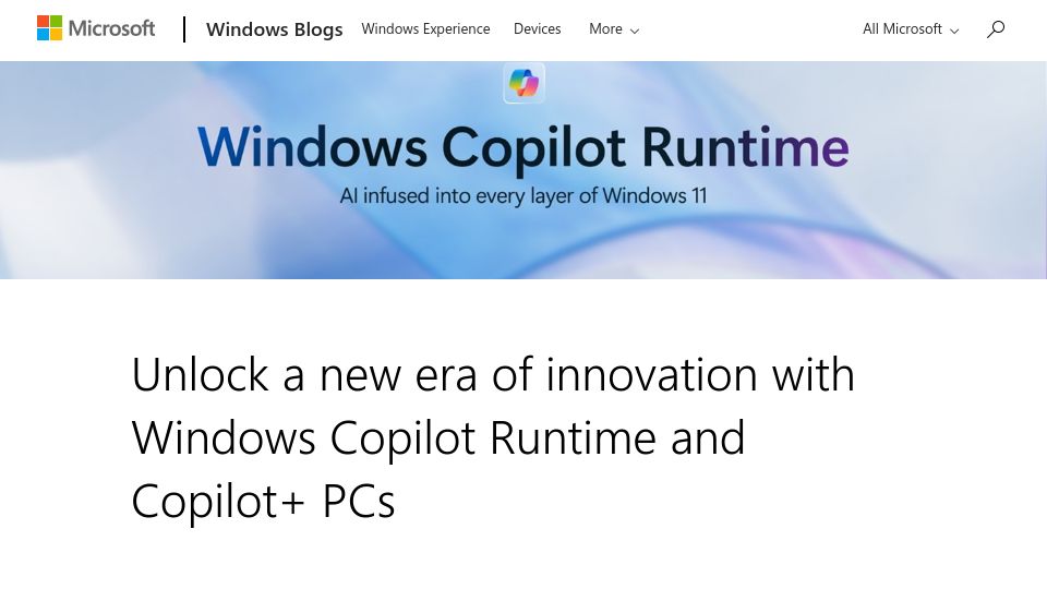 Screenshot of blogs.windows.com: Windows Copilot Runtime