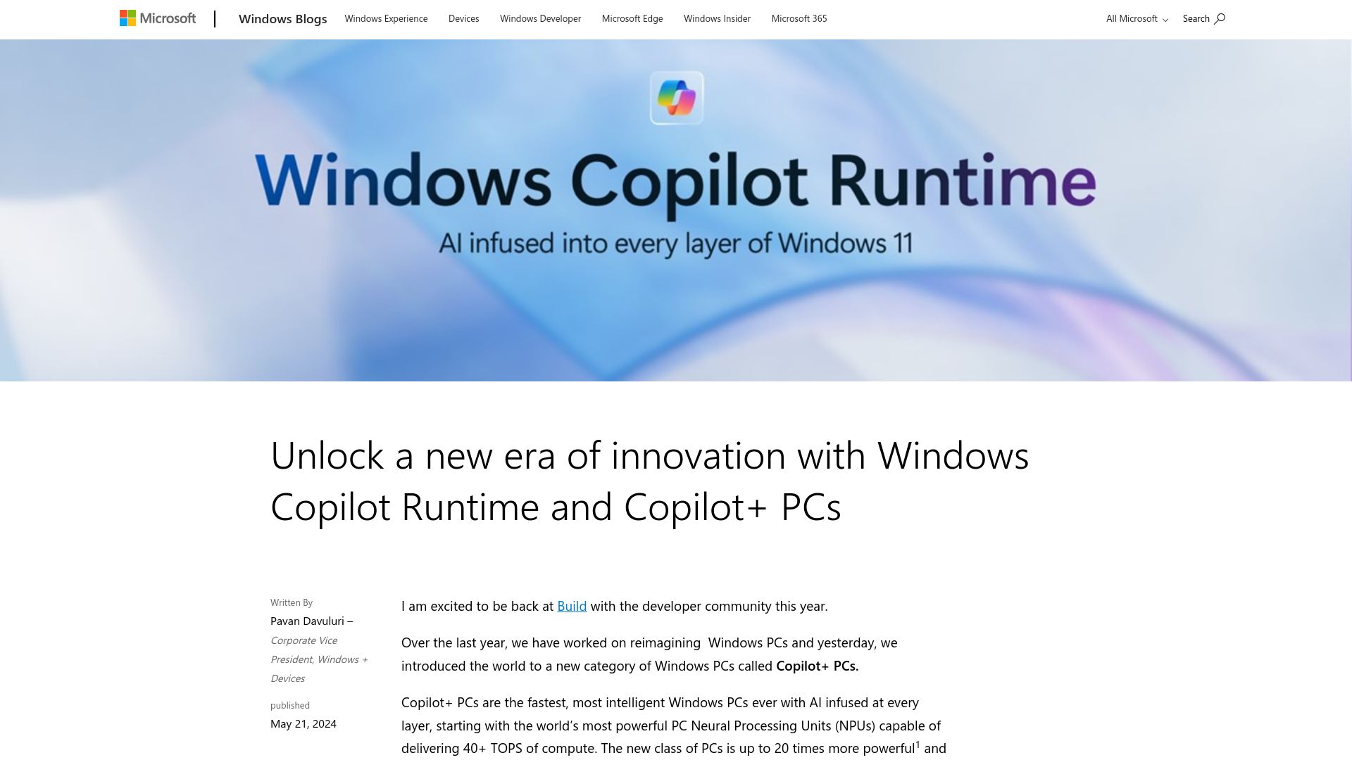 Screenshot of blogs.windows.com: Windows Copilot Runtime