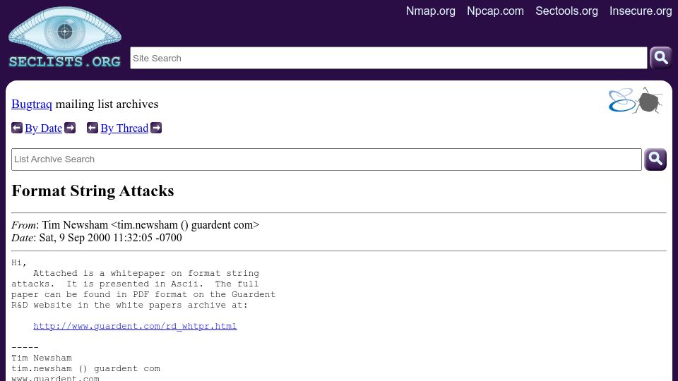 Screenshot of seclists.org: Format String Attacks (2000)