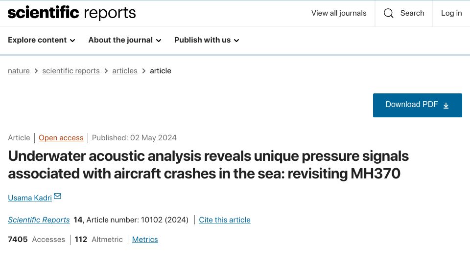 Screenshot of nature.com: Underwater acoustic analysis reveals unique pressure signals – Revisiting MH370
