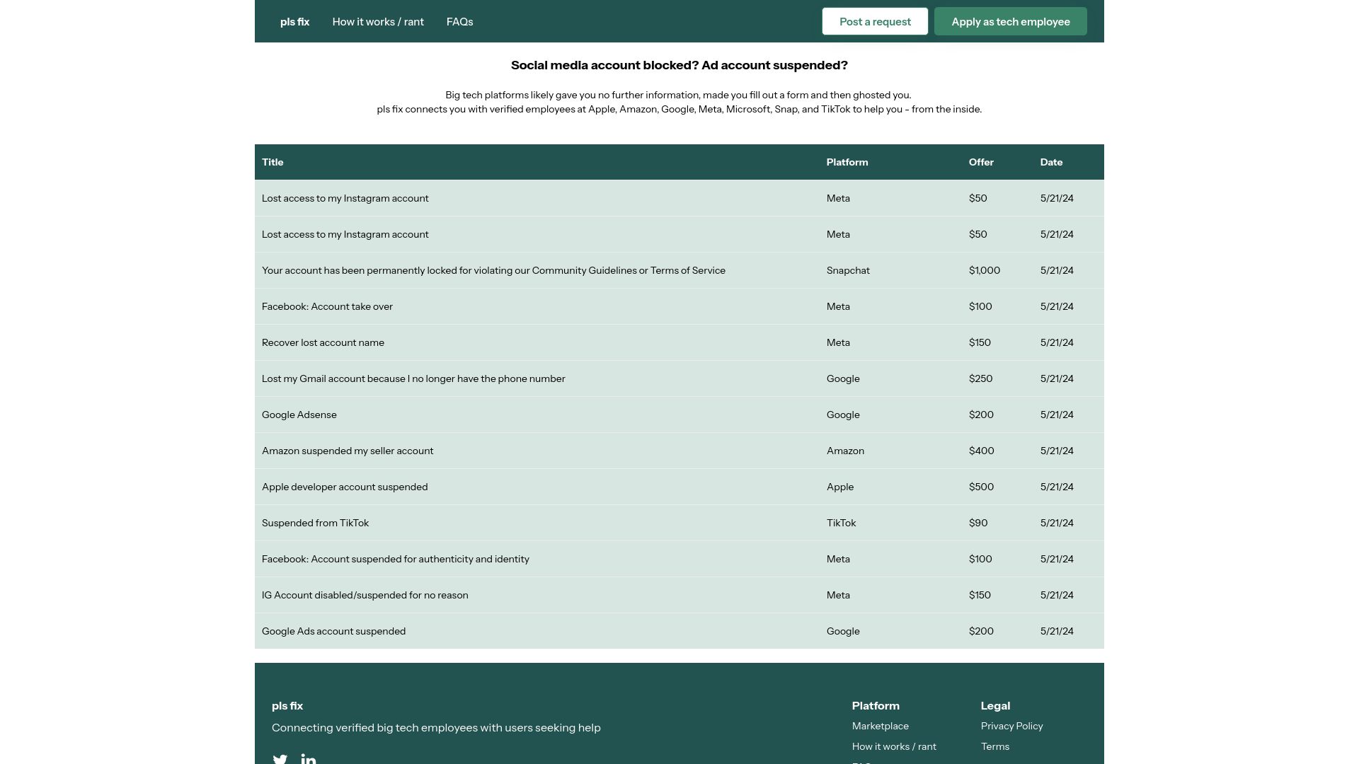 Screenshot of plsfix.co: Show HN: Pls Fix – Hire big tech employees to appeal account suspensions
