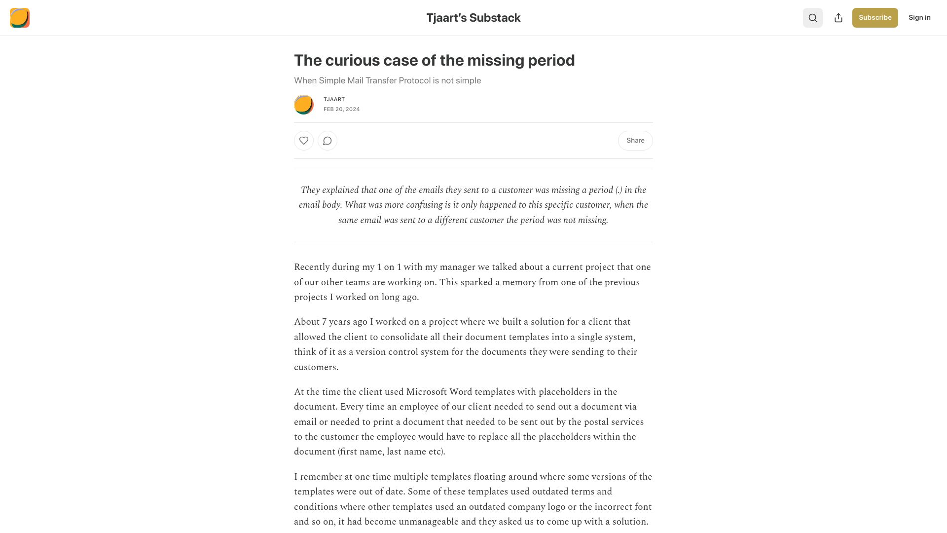 Screenshot of tjaart.substack.com: The curious case of the missing period