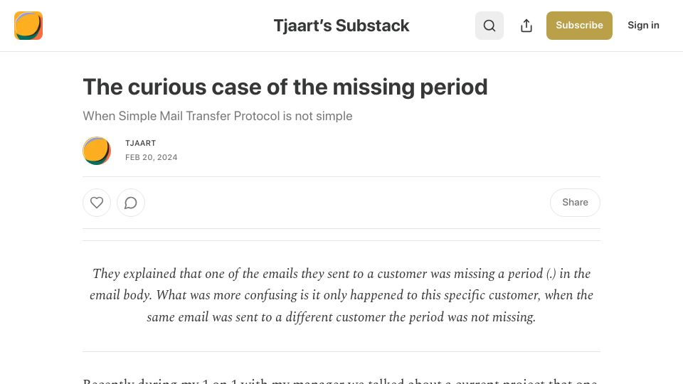 Screenshot of tjaart.substack.com: The curious case of the missing period