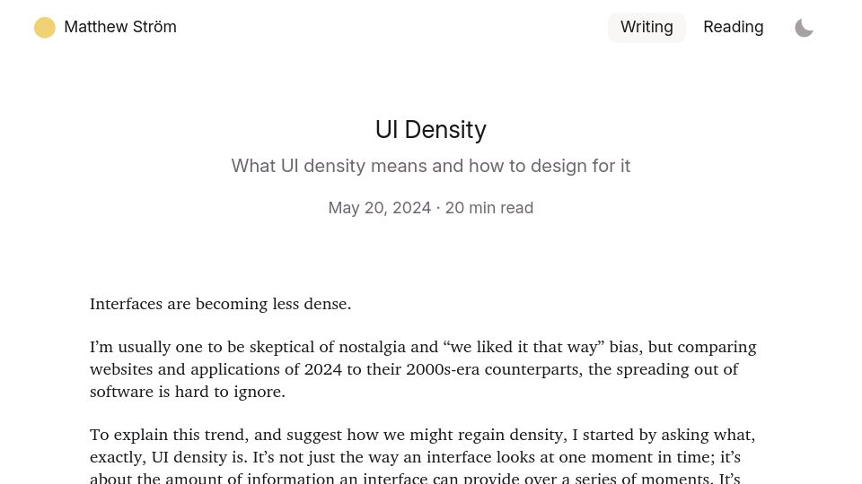 Screenshot of matthewstrom.com: What UI density means and how to design for it