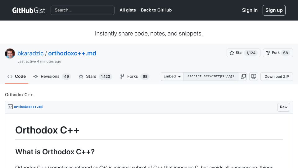 Screenshot of gist.github.com: Orthodox C++