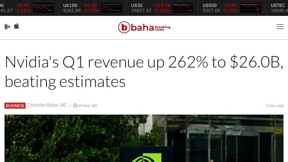 Screenshot of breakingthenews.net: Nvidia revenue up 262%, thanks to the AI boom