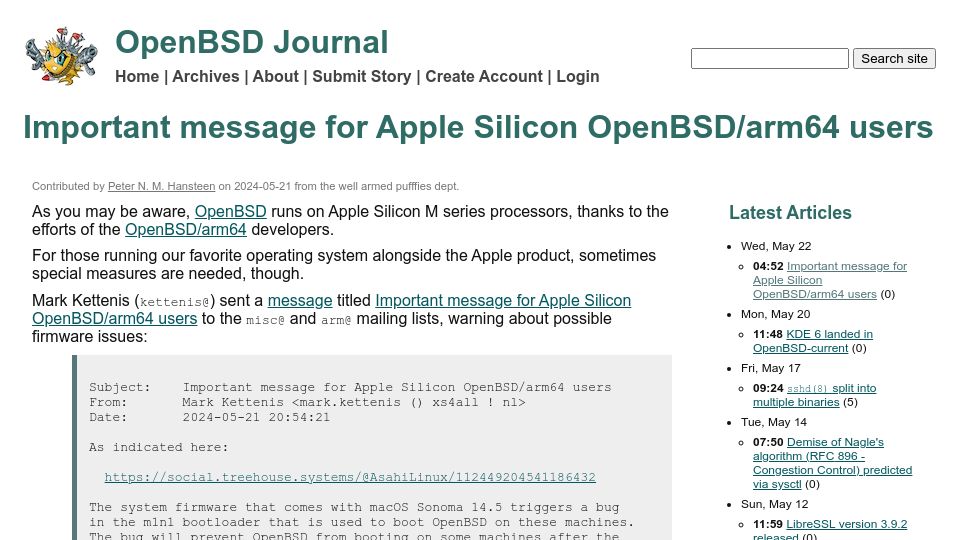 Screenshot of undeadly.org: Possible firmware issues for Apple Silicon OpenBSD/ARM64 users